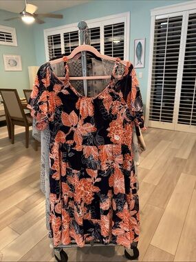 Signature by Robbie Bee Navy and Coral Floral Midi Dres